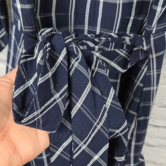 Calvin Klein Navy Belted Plaid Gauze Dress Balloon Puff Sleeves A-line CK Career - Picture 15 of 16